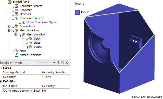 Strukturbaum mit Input, Steps und Output – die Lautsprecherbox-Geometrie (4 Parts) dient als Startpunkt. | © CADFEM / ID: BNZWQR