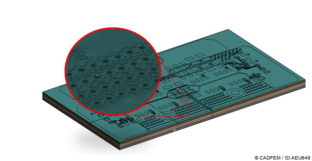 Mit dem Stacker Mesh Workflow vernetztes PCB – die komplexe Schichtstruktur mit allen Durchbrüchen als extrudiertes Volumennetz. | © CADFEM / ID: AEU648