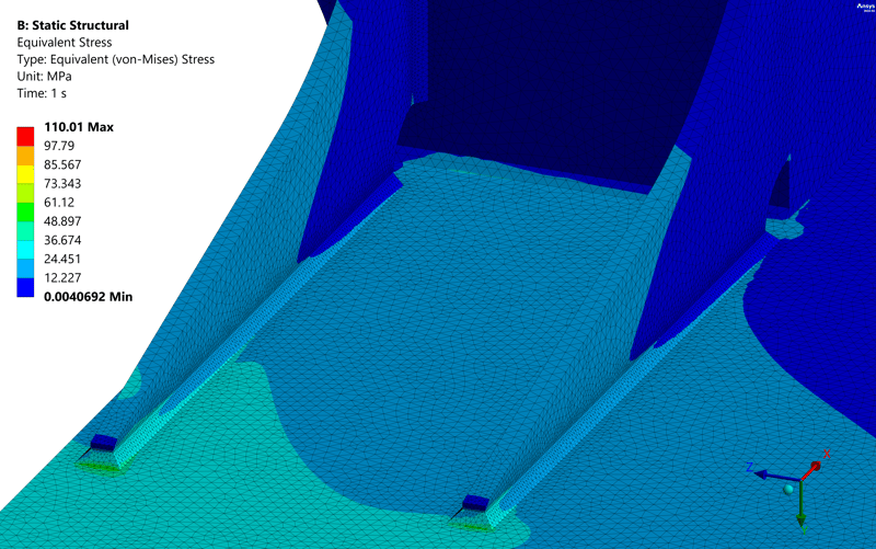 Statische Strukturanalyse mit Darstellung der von‑Mises‑Spannungsverteilung unter Belastung. | © CADFEM Germany GmbH