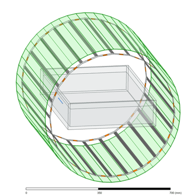 Birdcage coil for RF excitation with an ASTM F2182 phantom setup and calibration rod in Ansys HFSS. | © Joshua Igl, OTH Amberg-Weiden