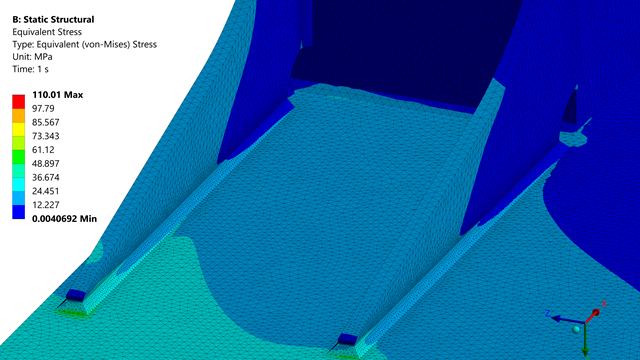 Statische Strukturanalyse mit Darstellung der von‑Mises‑Spannungsverteilung unter Belastung. | © CADFEM Germany GmbH